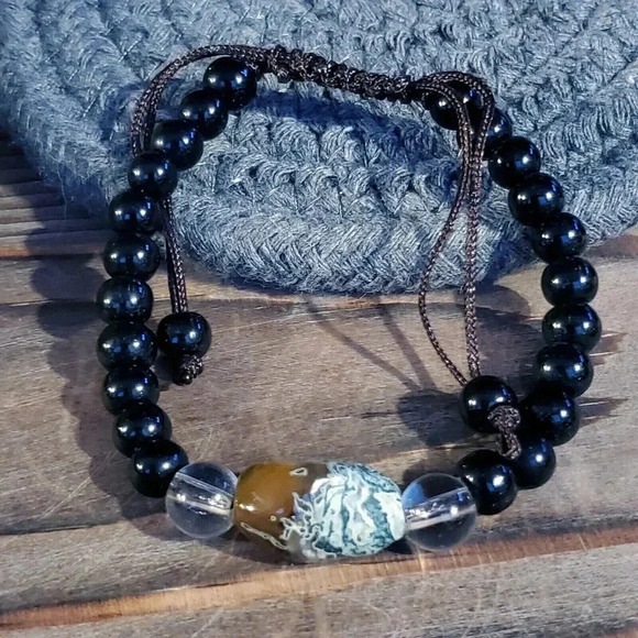 Handcrafted Tibetan Moss Agate Black Beads Healing Energy Gemstone Bracelet - Picture 3 of 6